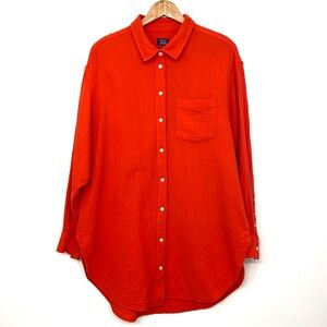 Gap Crinkle Gauze Tunic Shirt Tomato Red Cotton Button Up Women’s L